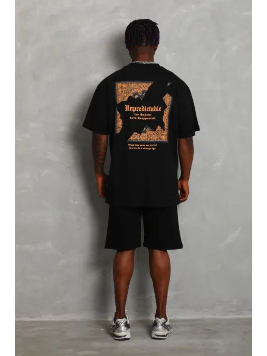 Unisex Oversize Baskılı Bisiklet Yaka T-Shirt - Siyah Unisex Oversize Baskılı Bisiklet Yaka T-Shirt - Siyah