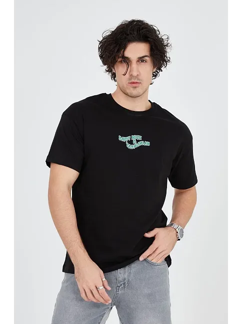 Erkek Baskılı 24/1 Penye T-shirt - Siyah