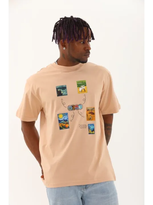 Unisex Oversize Baskılı Bisiklet Yaka T-Shirt - Bej