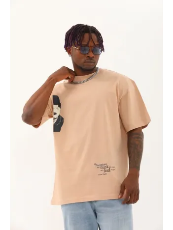 Unisex Oversize Baskılı Bisiklet Yaka T-Shirt - Bej