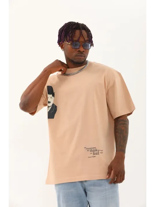 Unisex Oversize Baskılı Bisiklet Yaka T-Shirt - Bej