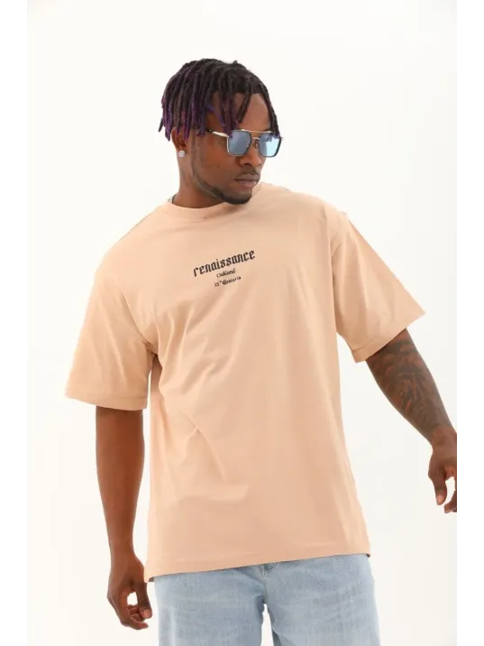 Unisex Oversize Baskılı Bisiklet Yaka T-Shirt - Bej Unisex Oversize Baskılı Bisiklet Yaka T-Shirt - Bej