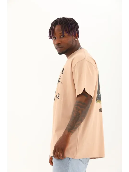Unisex Oversize Baskılı Bisiklet Yaka T-Shirt - Bej