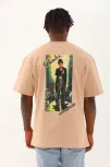 Unisex Oversize Baskılı Bisiklet Yaka T-shirt - Bej