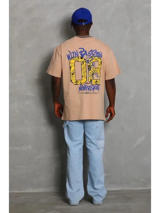 Unisex Oversize Baskılı Bisiklet Yaka T-Shirt - Bej