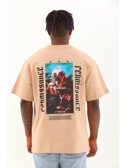 Unisex Oversize Baskılı Bisiklet Yaka T-Shirt - Bej Unisex Oversize Baskılı Bisiklet Yaka T-Shirt - Bej