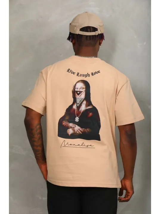 Unisex Oversize Baskılı Bisiklet Yaka T-Shirt - Bej Unisex Oversize Baskılı Bisiklet Yaka T-Shirt - Bej