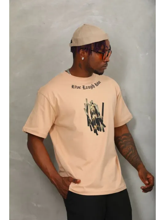 Unisex Oversize Baskılı Bisiklet Yaka T-Shirt - Bej Unisex Oversize Baskılı Bisiklet Yaka T-Shirt - Bej