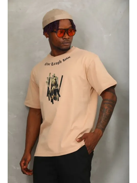 Unisex Oversize Baskılı Bisiklet Yaka T-Shirt - Bej Unisex Oversize Baskılı Bisiklet Yaka T-Shirt - Bej