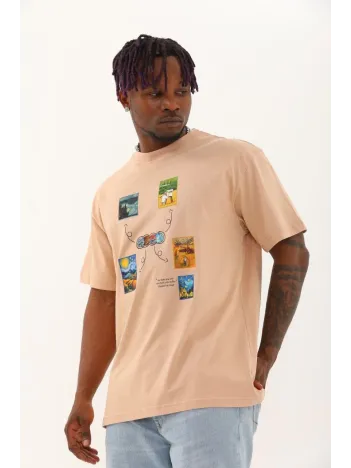 Unisex Oversize Baskılı Bisiklet Yaka T-Shirt - Bej Unisex Oversize Baskılı Bisiklet Yaka T-Shirt - Bej