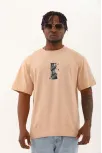 Unisex Oversize Baskılı Bisiklet Yaka T-shirt - Bej