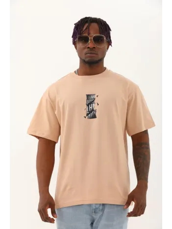 Unisex Oversize Baskılı Bisiklet Yaka T-Shirt - Bej