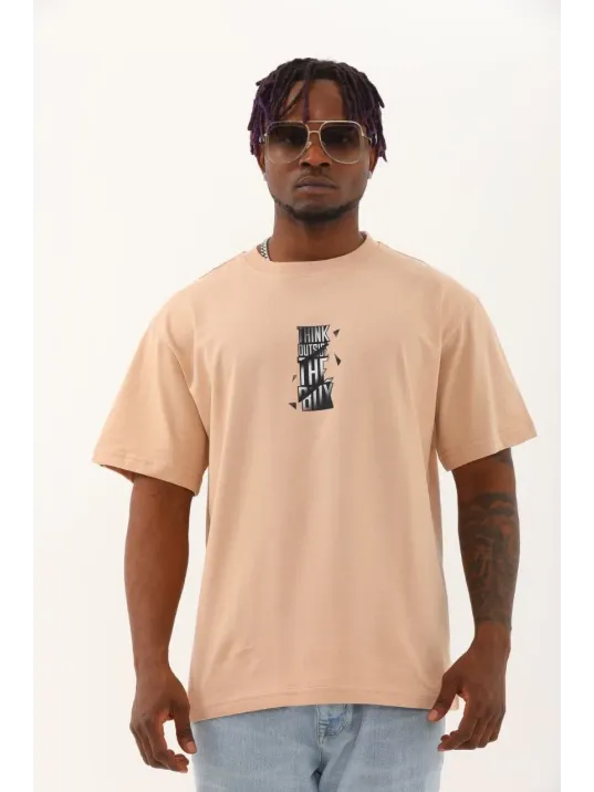 Unisex Oversize Baskılı Bisiklet Yaka T-Shirt - Bej