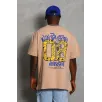 Unisex Oversize Baskılı Bisiklet Yaka T-Shirt - Bej