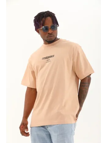 Unisex Oversize Baskılı Bisiklet Yaka T-Shirt - Bej Unisex Oversize Baskılı Bisiklet Yaka T-Shirt - Bej