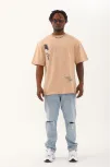 Unisex Oversize Baskılı Bisiklet Yaka T-shirt - Bej