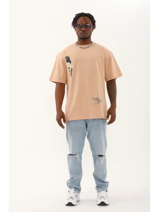 Unisex Oversize Baskılı Bisiklet Yaka T-Shirt - Bej