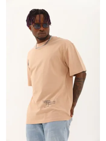 Unisex Oversize Baskılı Bisiklet Yaka T-Shirt - Bej Unisex Oversize Baskılı Bisiklet Yaka T-Shirt - Bej