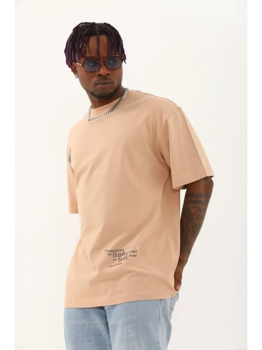 Unisex Oversize Baskılı Bisiklet Yaka T-Shirt - Bej Unisex Oversize Baskılı Bisiklet Yaka T-Shirt - Bej