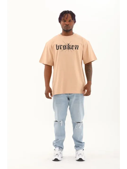 Unisex Oversize Baskılı Bisiklet Yaka T-Shirt - Bej Unisex Oversize Baskılı Bisiklet Yaka T-Shirt - Bej