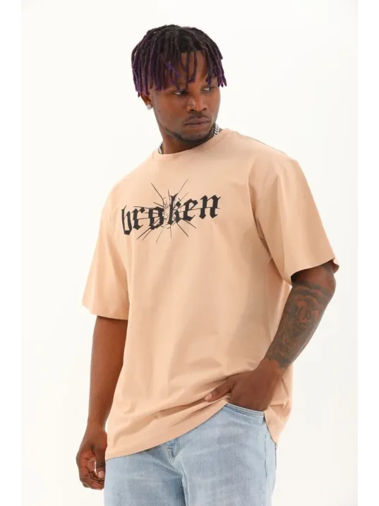 Unisex Oversize Baskılı Bisiklet Yaka T-Shirt - Bej Unisex Oversize Baskılı Bisiklet Yaka T-Shirt - Bej
