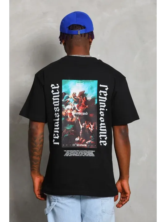 Unisex Oversize Baskılı Bisiklet Yaka T-Shirt - Siyah