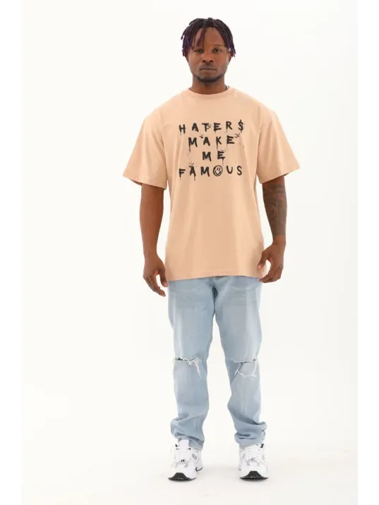 Unisex Oversize Baskılı Bisiklet Yaka T-Shirt - Bej