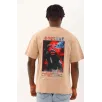Unisex Oversize Baskılı Bisiklet Yaka T-Shirt - Bej