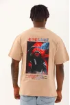 Unisex Oversize Baskılı Bisiklet Yaka T-shirt - Bej