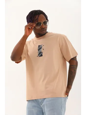 Unisex Oversize Baskılı Bisiklet Yaka T-Shirt - Bej Unisex Oversize Baskılı Bisiklet Yaka T-Shirt - Bej