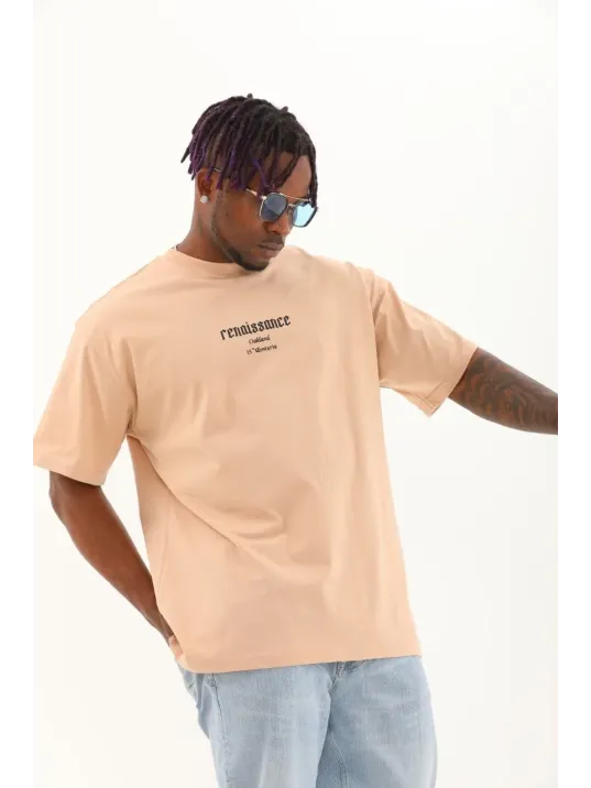 Unisex Oversize Baskılı Bisiklet Yaka T-Shirt - Bej Unisex Oversize Baskılı Bisiklet Yaka T-Shirt - Bej