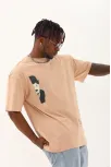 Unisex Oversize Baskılı Bisiklet Yaka T-shirt - Bej