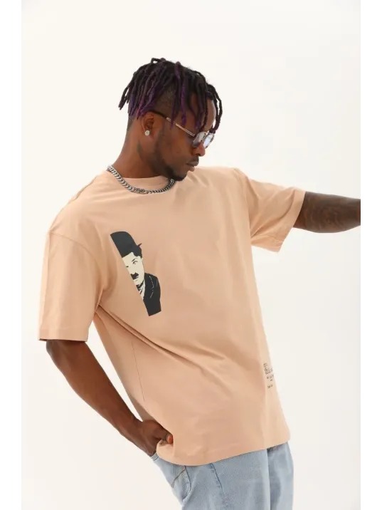Unisex Oversize Baskılı Bisiklet Yaka T-Shirt - Bej
