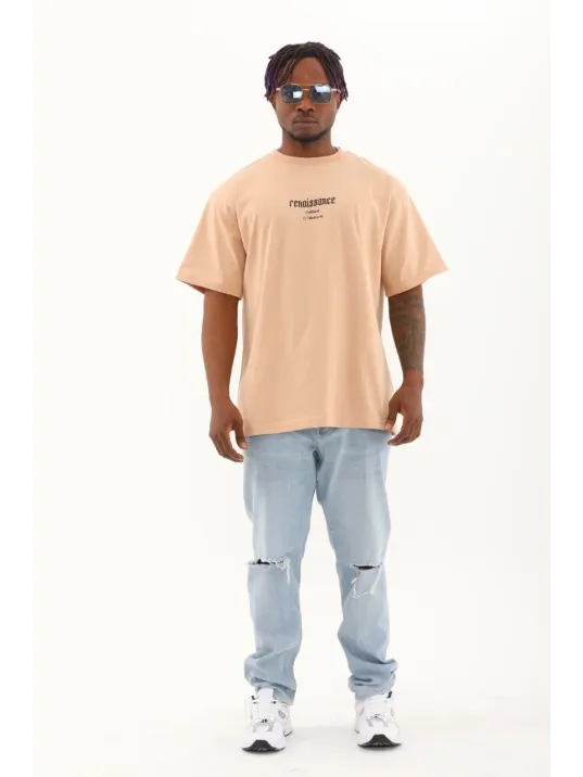 Unisex Oversize Baskılı Bisiklet Yaka T-Shirt - Bej Unisex Oversize Baskılı Bisiklet Yaka T-Shirt - Bej