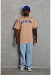 Erkek Baskılı Tişort Kısa Kol Bisiklet Yaka Ovarsize T-shirt -  Bej