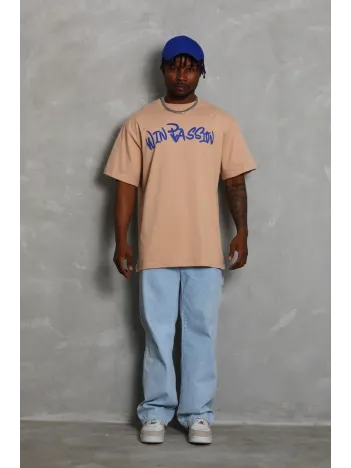 Unisex Oversize Baskılı Bisiklet Yaka T-Shirt - Bej