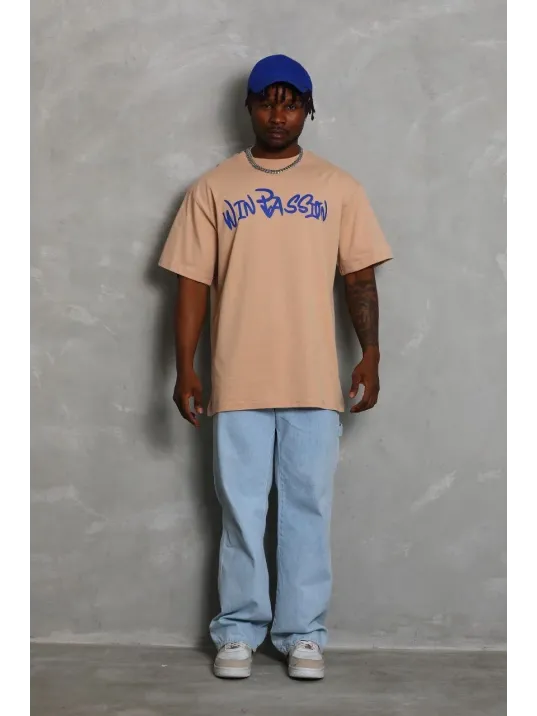 Unisex Oversize Baskılı Bisiklet Yaka T-Shirt - Bej