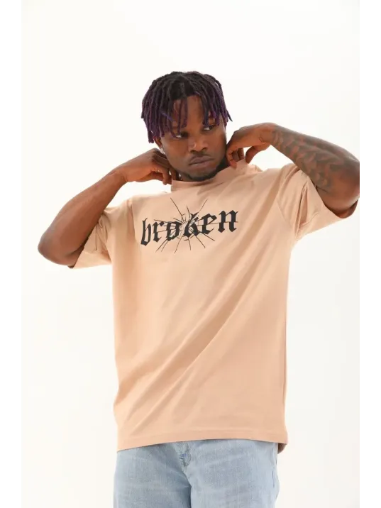 Unisex Oversize Baskılı Bisiklet Yaka T-Shirt - Bej Unisex Oversize Baskılı Bisiklet Yaka T-Shirt - Bej