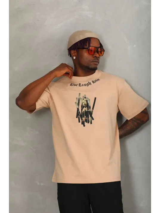 Unisex Oversize Baskılı Bisiklet Yaka T-Shirt - Bej Unisex Oversize Baskılı Bisiklet Yaka T-Shirt - Bej