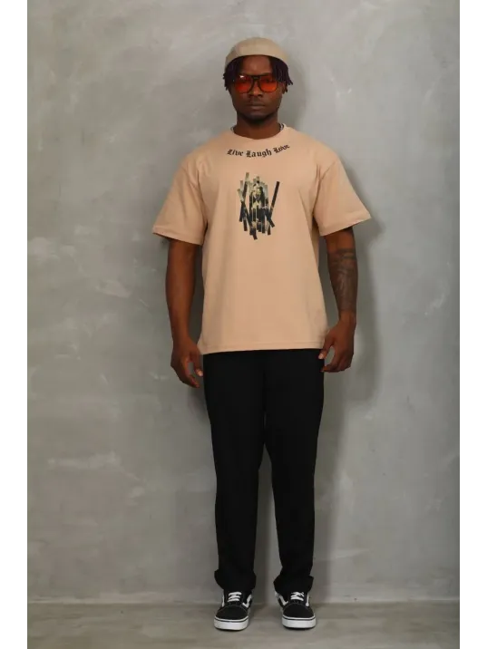 Unisex Oversize Baskılı Bisiklet Yaka T-Shirt - Bej Unisex Oversize Baskılı Bisiklet Yaka T-Shirt - Bej