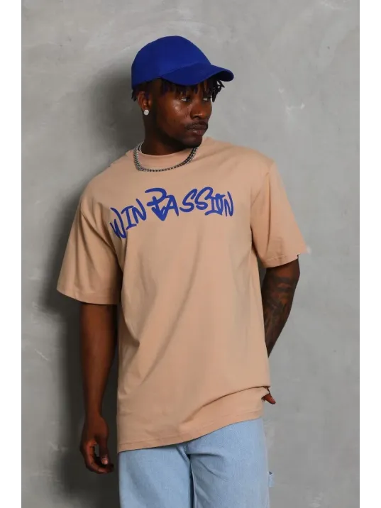 Unisex Oversize Baskılı Bisiklet Yaka T-Shirt - Bej Unisex Oversize Baskılı Bisiklet Yaka T-Shirt - Bej