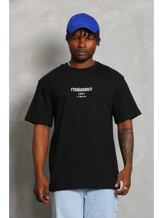 Unisex Oversize Baskılı Bisiklet Yaka T-Shirt - Siyah