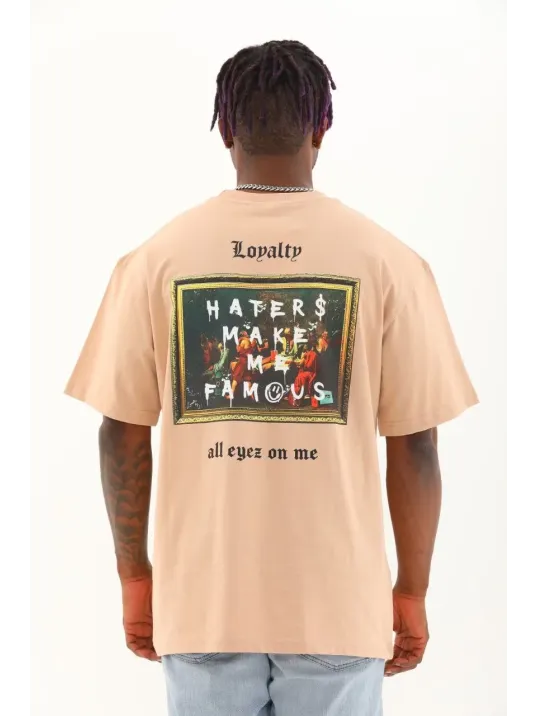 Unisex Oversize Baskılı Bisiklet Yaka T-Shirt - Bej