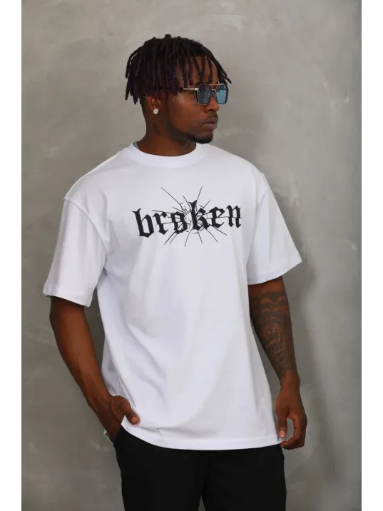 Unisex Oversize Baskılı Bisiklet Yaka T-Shirt - Beyaz Unisex Oversize Baskılı Bisiklet Yaka T-Shirt - Beyaz