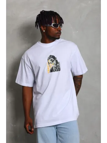Unisex Oversize Baskılı Bisiklet Yaka T-Shirt - Beyaz