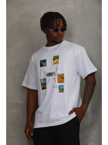 Unisex Oversize Baskılı Bisiklet Yaka T-Shirt - Beyaz Unisex Oversize Baskılı Bisiklet Yaka T-Shirt - Beyaz
