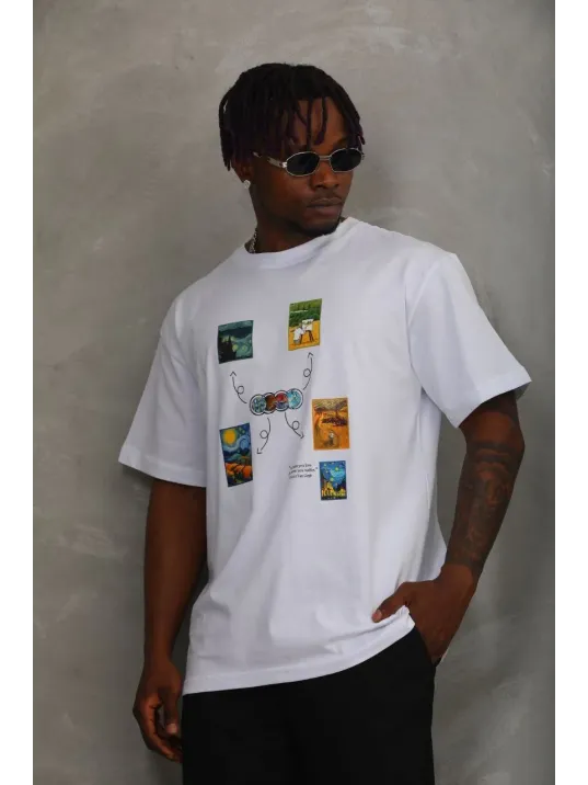 Unisex Oversize Baskılı Bisiklet Yaka T-Shirt - Beyaz Unisex Oversize Baskılı Bisiklet Yaka T-Shirt - Beyaz