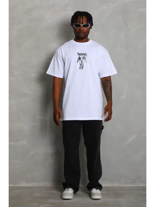 Unisex Oversize Baskılı Bisiklet Yaka T-Shirt - Beyaz Unisex Oversize Baskılı Bisiklet Yaka T-Shirt - Beyaz