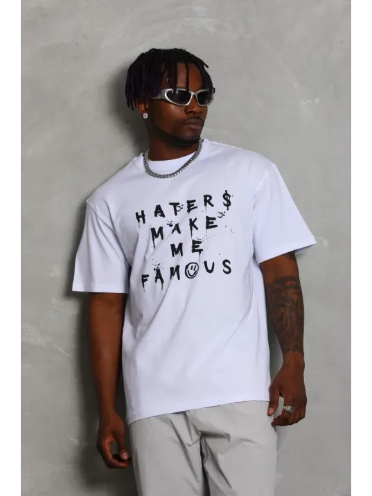 Unisex Oversize Baskılı Bisiklet Yaka T-Shirt - Beyaz Unisex Oversize Baskılı Bisiklet Yaka T-Shirt - Beyaz