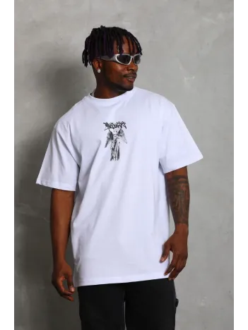 Unisex Oversize Baskılı Bisiklet Yaka T-Shirt - Beyaz